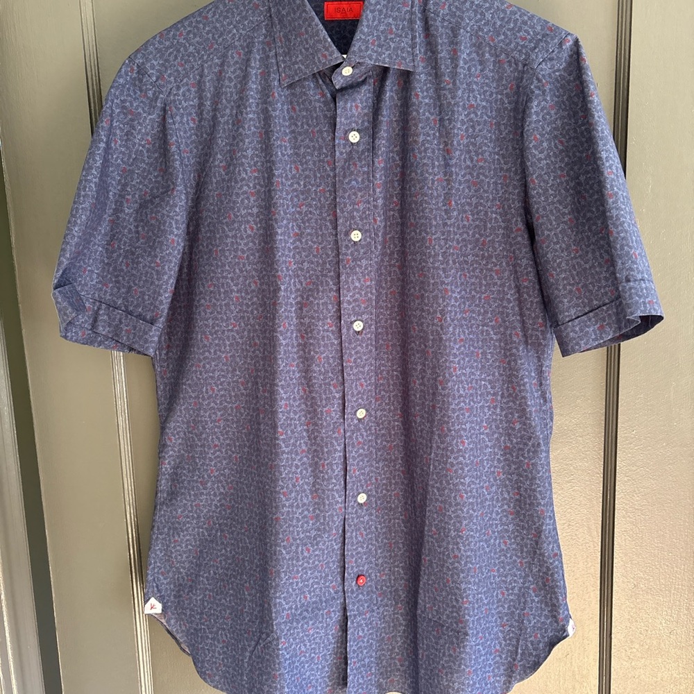 Isaia Blue and Red Patterned Casual Shirt